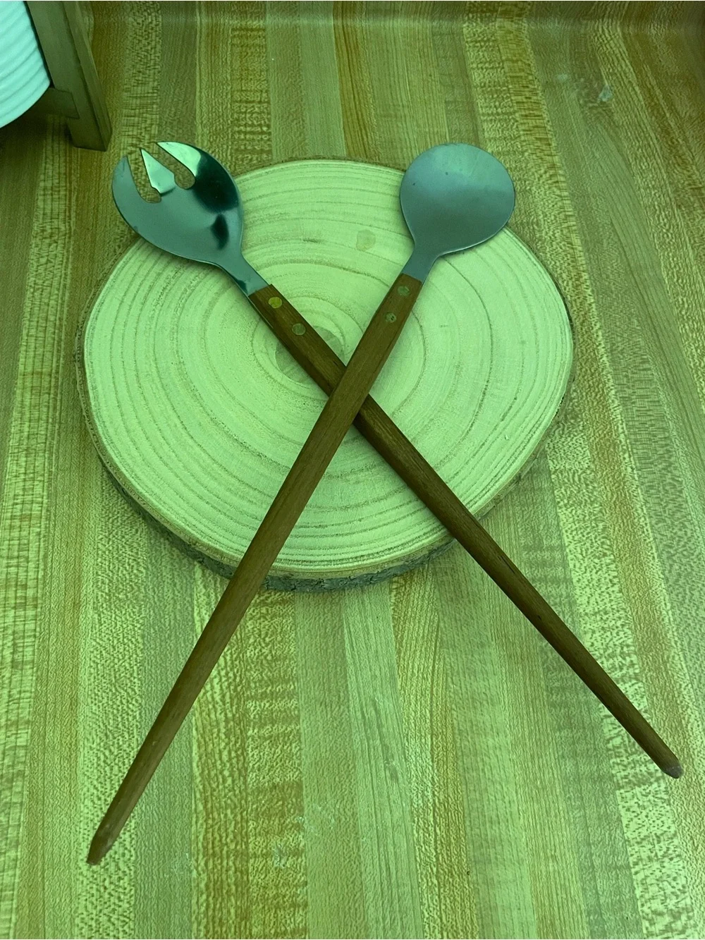 MCM Brown Wood Handle Stainless Steel Salad Servers Set